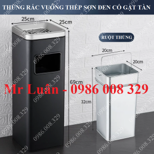 Thùng rác thép sơn đen có gạt tàn hình vuông