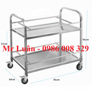 Xe đẩy đồ ăn inox 2 tầng lớn có thanh chắn