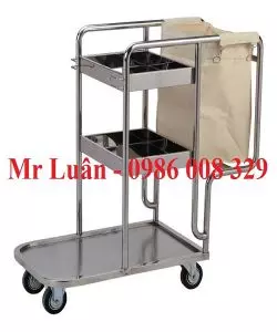 Xe dọn vệ sinh inox 3 tầng có túi treo