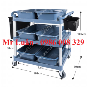 Xe dọn bàn ăn nhựa xám size lớn có 6 thau 2 thùng treo