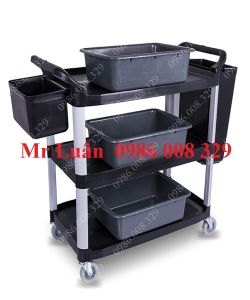 Xe dọn bàn ăn nhựa đen thanh vuông góc có 3 khay 2 thùng