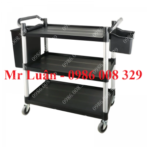 Xe dọn bàn ăn nhựa đen thanh tròn size lớn có 2 thùng treo