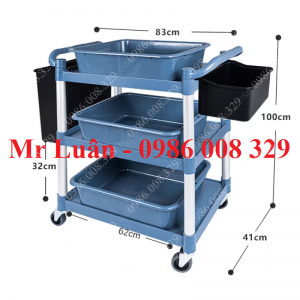 Xe đẩy nhựa xám size nhỏ có 3 khay 2 thùng treo