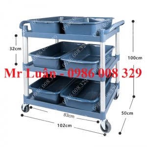 Xe đẩy thu dọn thức ăn nhựa xám size lớn có 6 khay