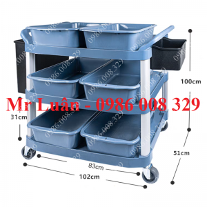 Xe đẩy nhựa xám thanh vuông góc có 6 khay 2 thùng treo