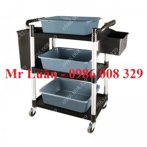 Xe dọn thức ăn nhựa đen size nhỏ có 3 khay 2 thùng treo