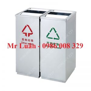 Thùng rác inox 2 ngăn nắp lật có gạt tàn