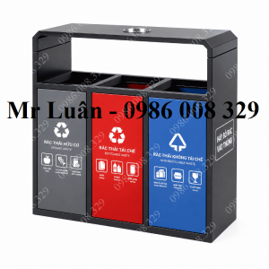 Thùng rác sơn đen 3 ngăn có gạt tàn 01