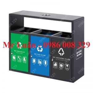 Thùng rác sơn đen 3 ngăn có gạt tàn