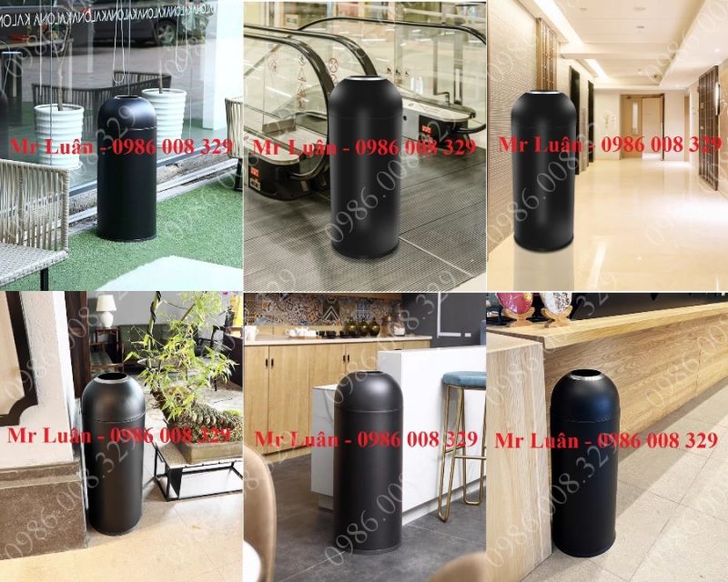 Thùng rác tròn nắp hở màu đen - Mẫu thùng rác tròn bỏ rác trực tiếp để sảnh hành lang chân cầu thang cửa thang máy nhà hàng khách sạn