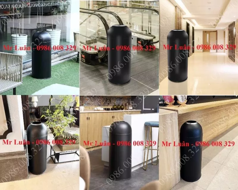 Thùng rác tròn nắp hở màu đen - Mẫu thùng rác tròn bỏ rác trực tiếp để sảnh hành lang chân cầu thang cửa thang máy nhà hàng khách sạn