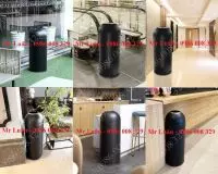 Thùng rác tròn nắp hở màu đen - Mẫu thùng rác tròn bỏ rác trực tiếp để sảnh hành lang chân cầu thang cửa thang máy nhà hàng khách sạn